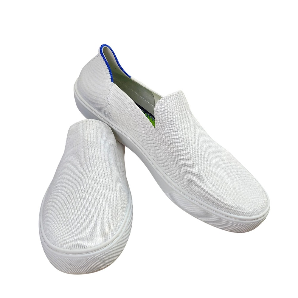 Rothys The Sneaker Bright White Slip On Knit Shoes Womens 9 Blue Stripe